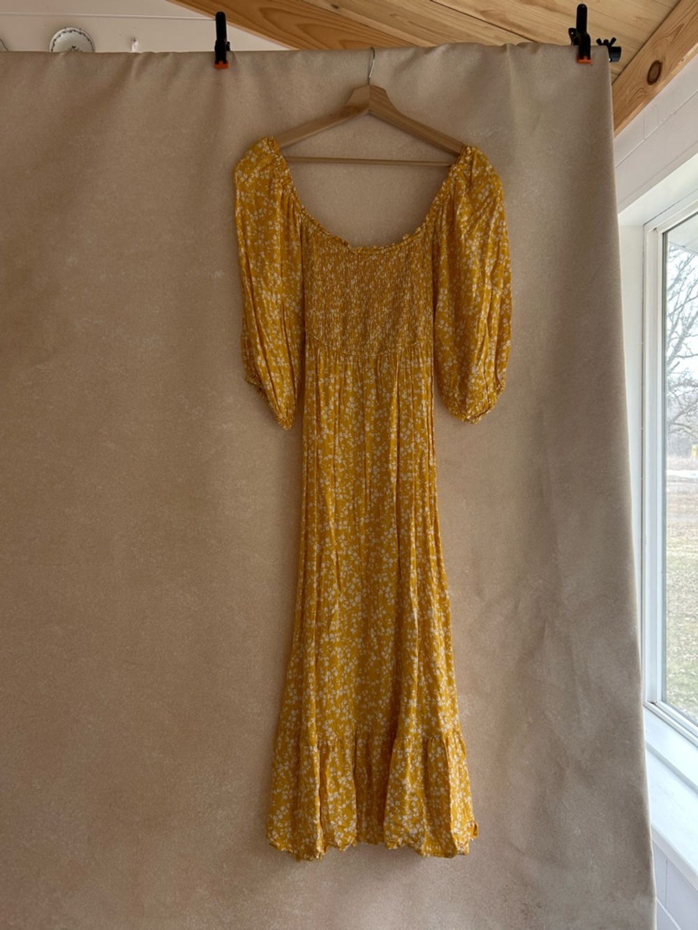 Yellow Floral Smocked Midi Dress with Puff Sleeves